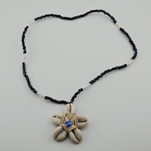 Cowie Shell Star Pendant Necklace Black Beaded Hawaiian Beachy Surfer Coastal